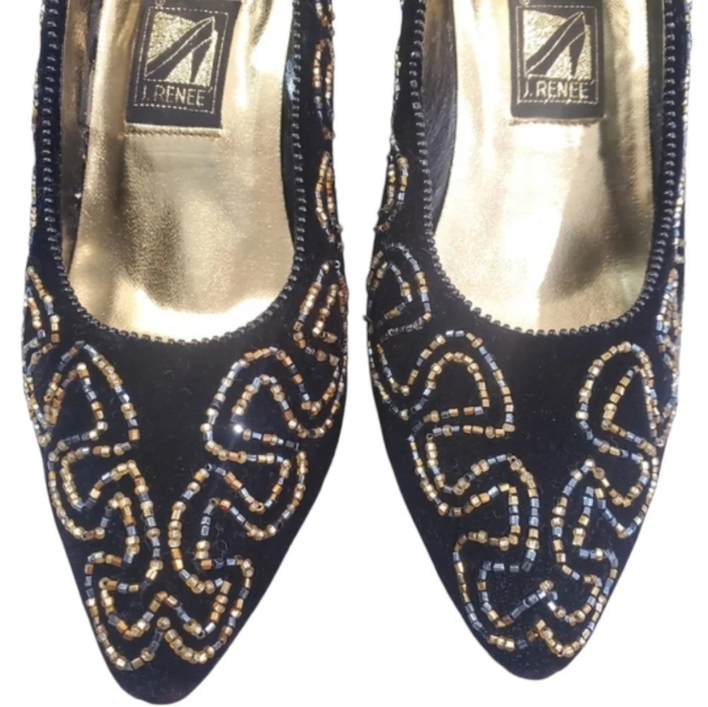 Vintage J.Renee Heels Womens Size 5.5 M Black Velvet Rhinestones Embellished